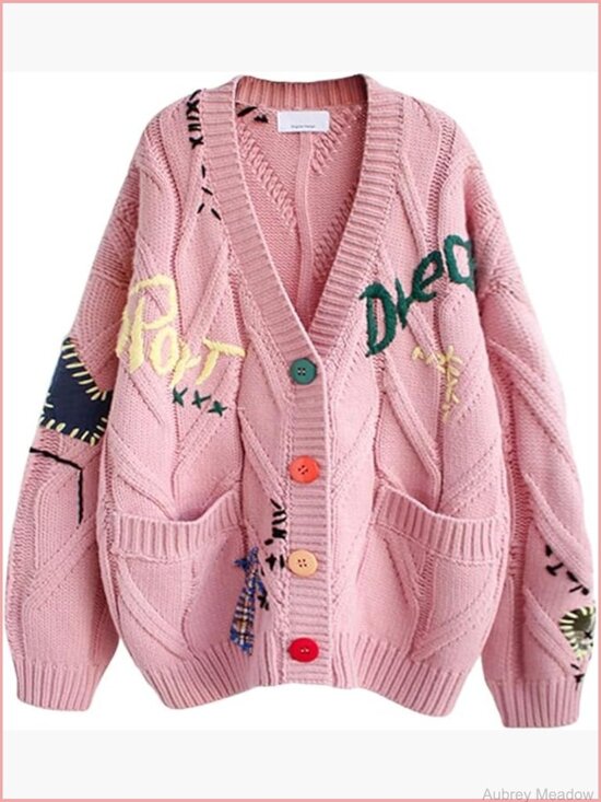 Sweaters - Chunky Cable Knit Cardigan Embroidery Button Down Sweater Jacket